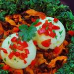 Poached eggs sweet potato and chorizo hash and creamed spinach