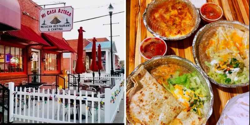 photo of the front of Mi Casa restaurant showing the patio and the sign, and a pic of some dishes from their Mexican based menu