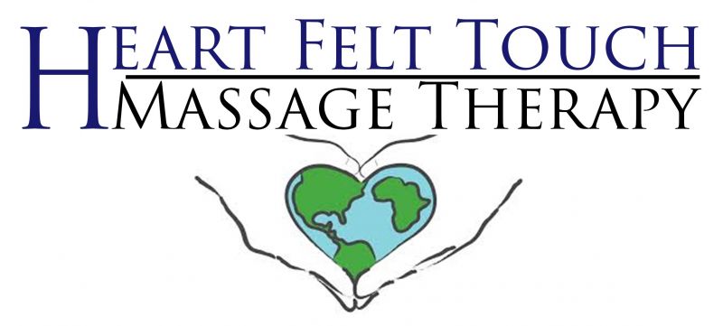 Heartfelt Touch Massage therapy logo, heart hands over a world.