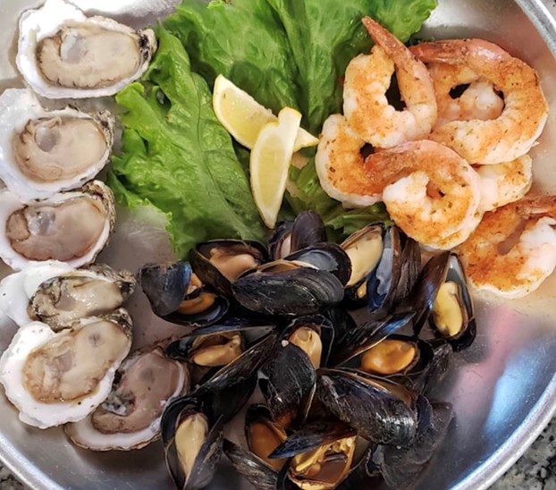 Oysters on the half shell, shrimp, and mussels