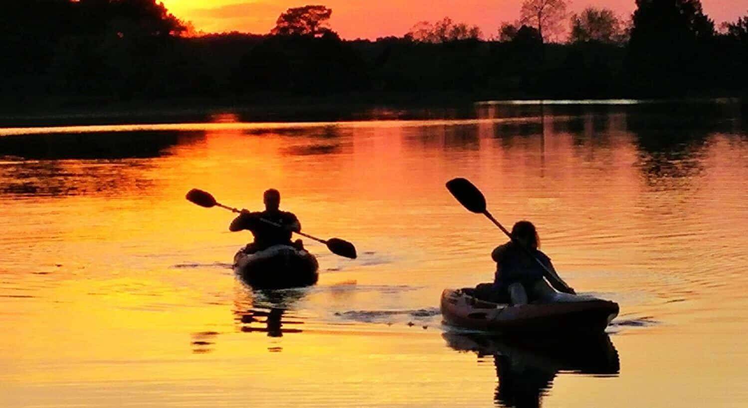 Silhouettes of two people kayaking on calm water with trees in the background